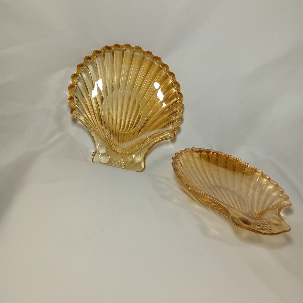 Set 2 Jeanette Marigold Carnival Glass Clam Seashell Trinket Dish Candy Tray - Picture 2 of 10